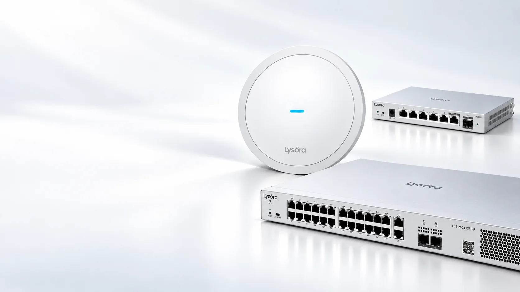 Lysoraの無線LANアクセスポイント、ルーター、スイッチを配置した製品イメージ