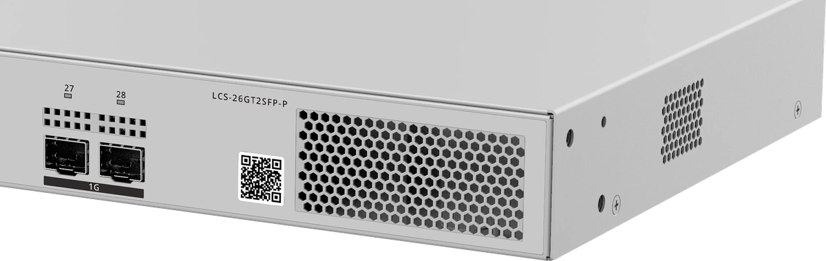 Lysora LCS-26GT2SFP-P 交换机的 I/O 面板及机身