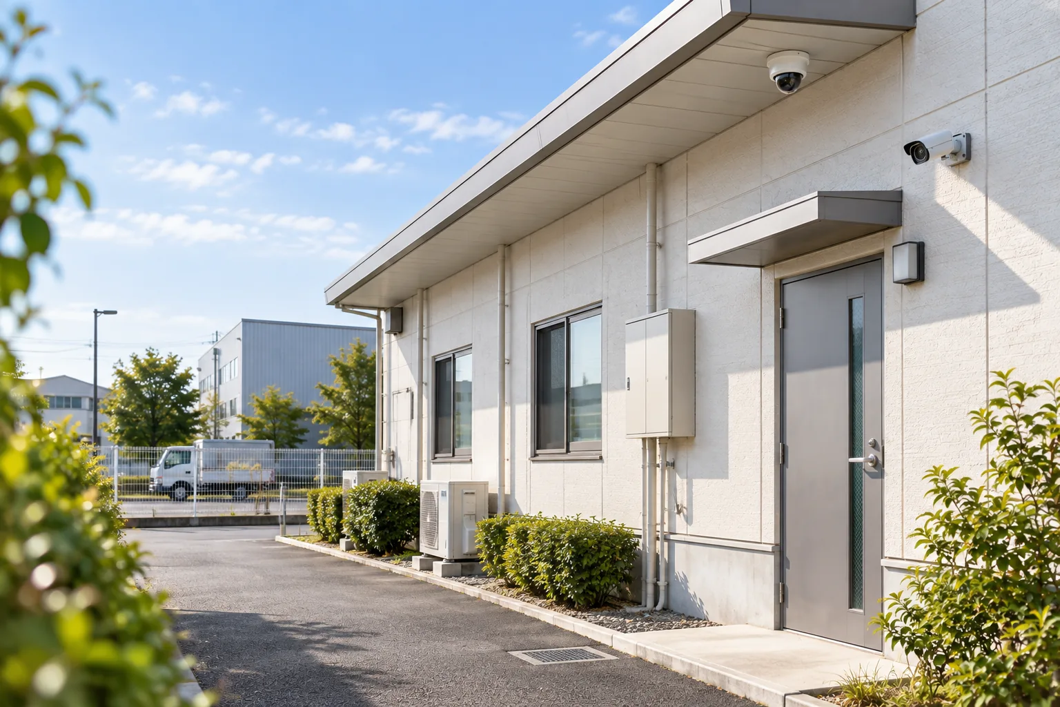 道路に面した建物の外観と、軒下に設置されたドーム型カメラがある施設のイメージ