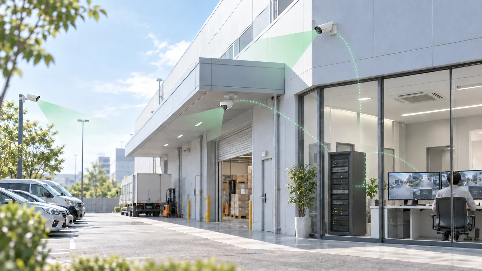 事業所の外壁と軒下に複数の防犯カメラが設置され、屋外の駐車場や荷捌き場を向いている。建物の中にはネットワーク機器を収めたラックと、複数の映像を表示するモニターを見る人がいる施設のイメージ