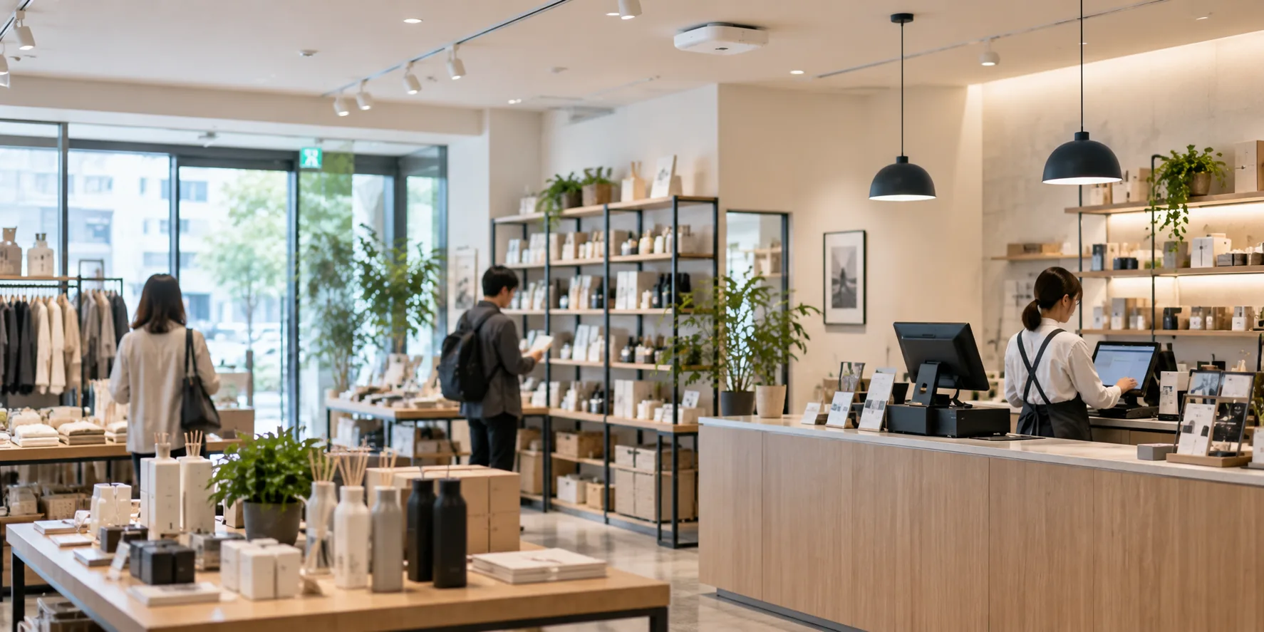 衣料品が並ぶ売り場と、決済端末を置いたレジ台がある店舗のイメージ