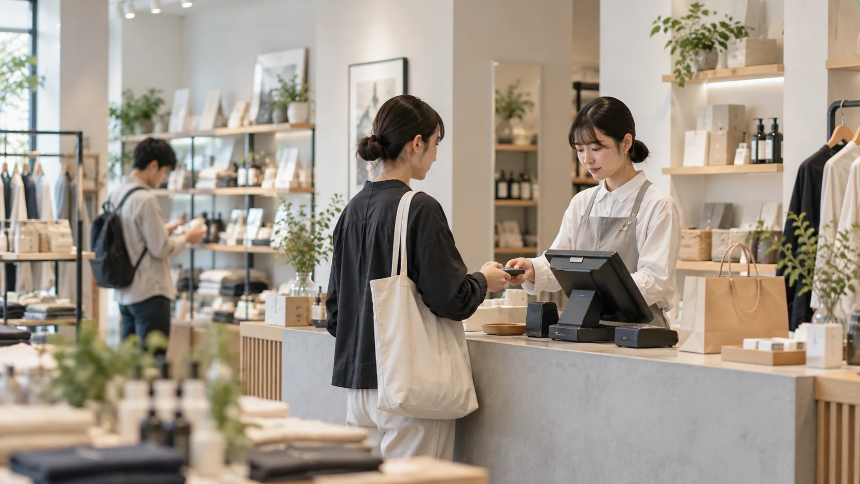 会計カウンターに決済端末が置かれ、その奥に商品の売場が広がる店舗のイメージ