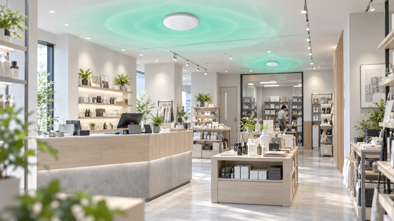 店舗の売場、会計カウンター、奥の作業スペースに、天井のアクセスポイントと無線カバレッジのイメージを重ねた店舗環境