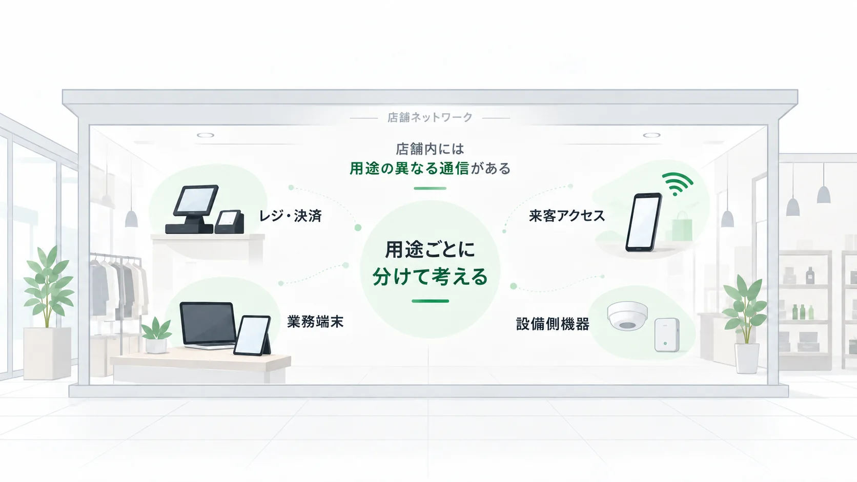同じ店舗の中にある、レジ・決済端末、業務用の端末、来客向けのアクセス、設備側の機器を、用途ごとに分けて示した概念図