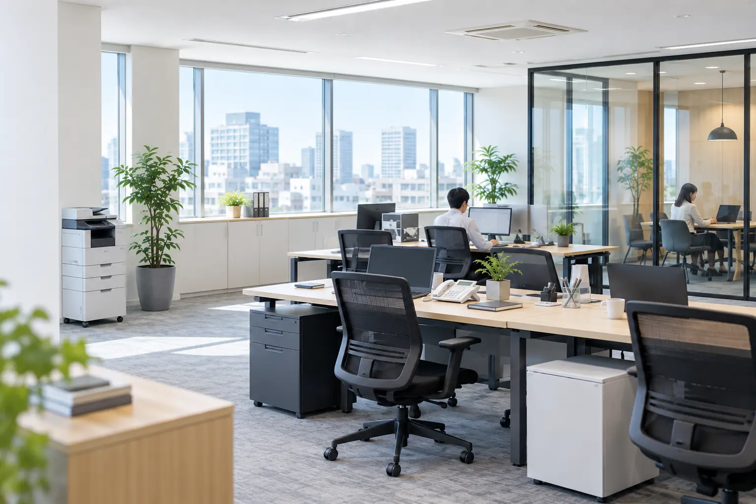 窓際のデスクで作業する社員と、ガラス間仕切りの会議スペースがあるオフィスのイメージ